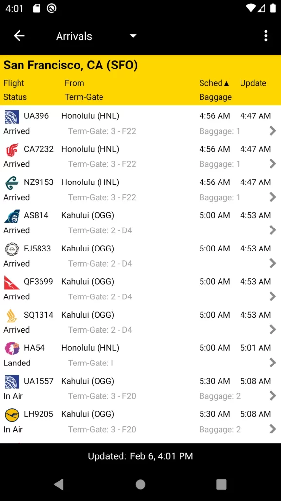 view the timing of flights